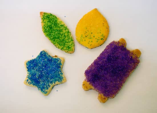 Sukkot Rolled Sugar Cookies (including blue Star of David, green willow leaf, yellow etrog, and purple Torah)