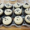 Dozen Mini Vegan Java Cupcakes in a clear plastic clamshell on a wooden countertop