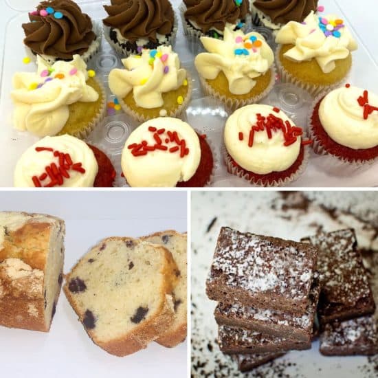 Signature Assortment Cupcakes (chocolate, vanilla, and red velvet), Lemon Blueberry Bread, and Chocolate Brownies