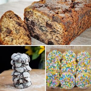 Chocolate Chunk Banana Bread, Chocolate Crinkle Cookies, and Mini Unicorn cookies
