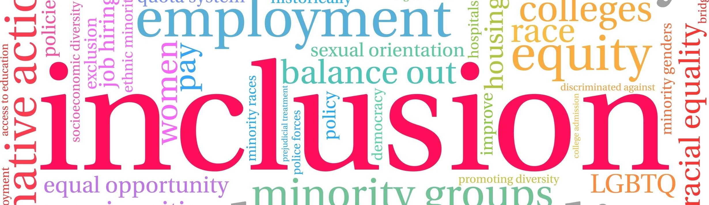 Word cloud of many words, but the central focus is on the word "Inclusion"