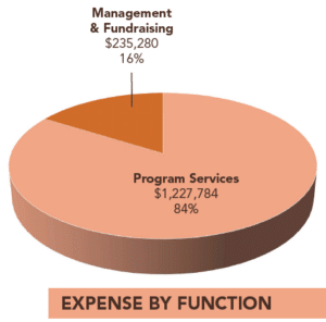 EXPENSE BY FUNCTION: Program Services, $1,227,784, 84%; Management & Fundraising, $235,280, 16%
