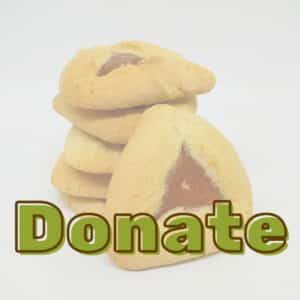 "Donate" in a bold font in front of a washed out picture of a stack of Apricot Hamantaschen