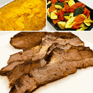 Collage of potato kugel, seasonal vegetables, and sliced brisket.