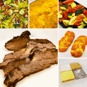 Collage of garden salad, potato kugel, seasonal vegetables, sliced brisket, twin challah, and large bars.
