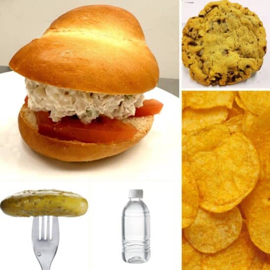 Collage of chicken salad sandwich, pickle, bottle of water, chips, and large chocolate chip cookie.