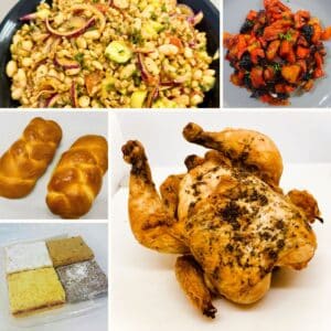 Collage of Farro & Bean Salad, Tzimmes, Twin Challah, Assorted Large Bars, and a whole Roast Chicken.