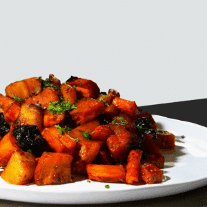 Close-up view of Tzimmes on a white plate