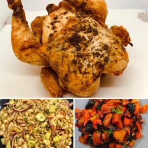 A collage of Whole Roast Chicken, Farro & Bean Salad, and Tzimmes
