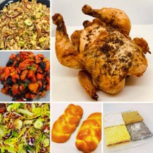 Collage of items including Farro & Bean Salad, Tzimmes, Garden Salad, Twin Challah, Assorted Large Bars, and a Roast Chicken.