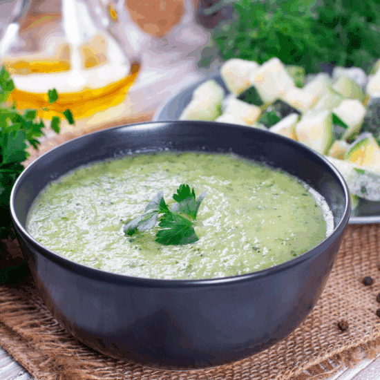 Bowl of soup on a table