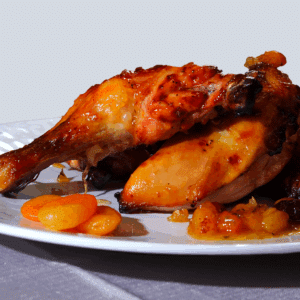 Apricot chicken on a white plate, on a table cloth and a light background.