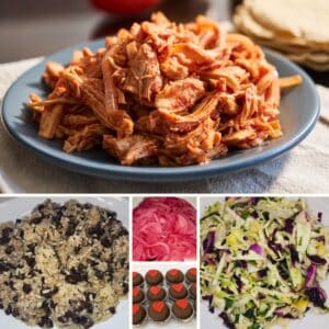 Collage of shredded chicken in sauce, beans and rice, pickled red onions, citrus slaw, and Fudge Heart mini cupcakes.
