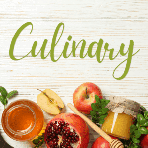 "Culinary" in cursive script and decorations of honey, apples, and pomegranate