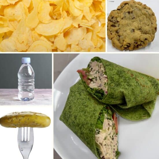 Grid showing potato chips, chocolate chip cookie, bottled water, pickle, and tuna wrap
